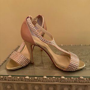 8M T-Strap Champagne Rose Gold Satin with Silver Studding 4" Heels